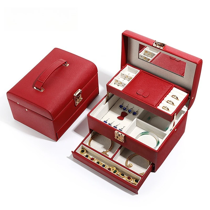 Red Wedding Jewelry Box Ring Trinket Storage Case Bracelets Necklace Divided Compartment Organizer Box Earrings Jewellery Boxes