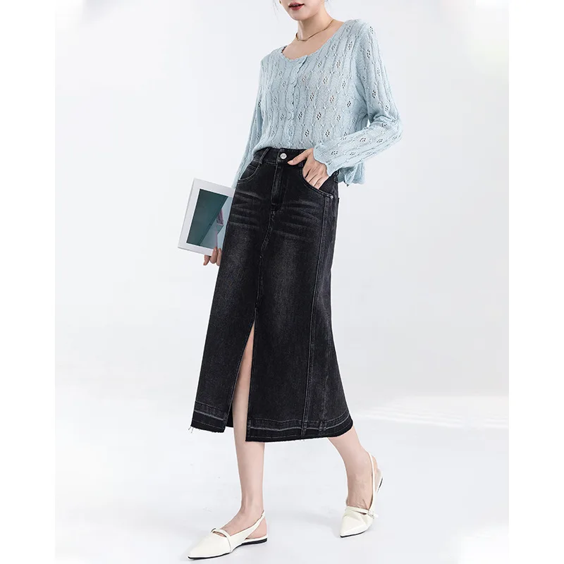 Francuska spódnica z rozcięciem w stylu retro, zmysłowa konstrukcja, szorstka kowbojska spódnica do połowy ciała. Damskie wiosenne nowe spódnice średniej długości z wysokim stanem