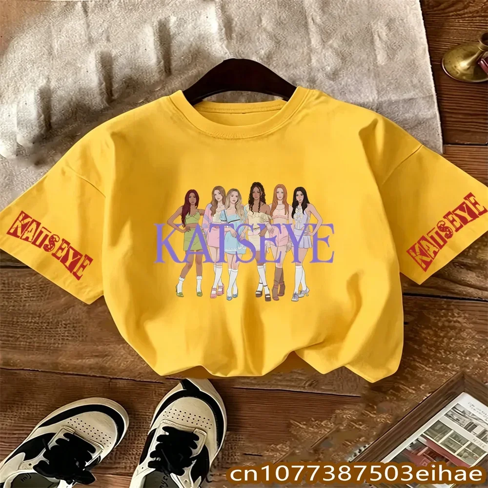 2026 New Y2K Style KATSEYE Character Printed Pure Cotton Children Short Sleeve Top Boys Girls Fashion Summer Wear Girl Present