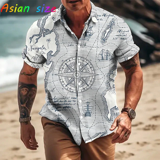 

2026 Calssic Винтажная мужская гавайская рубашка 3d рубашки для парусных лодок для мужчин Гавайские пляжные рубашки с принтом компаса с коротким рукавом Bloses 6XL