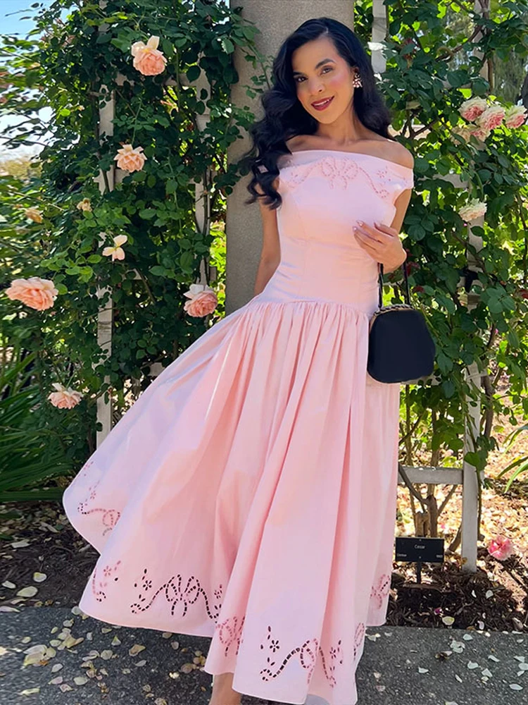 Schulterfreies, besticktes, tailliertes langes Kleid für Damen – Luxuriöses, weit ausgestelltes, schmales Party- und Abendkleid – Elegantes Damen-Vestido Longos – Detail 11