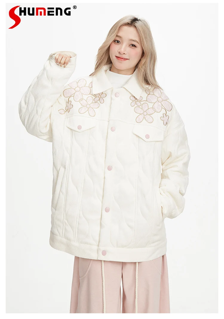 

Japanese Preppy Style Sweet Embroidered Flower Corduroy Cotton Padded Coats Women Fashion Single-breasted Winter Jackets Tops