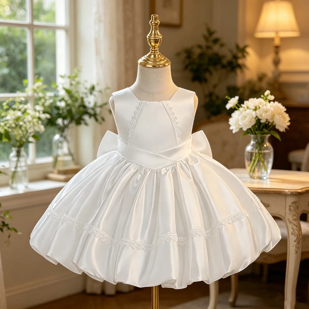 Baby bath dress children's dress girls' festival piano performance costume white dress with high-end bow design