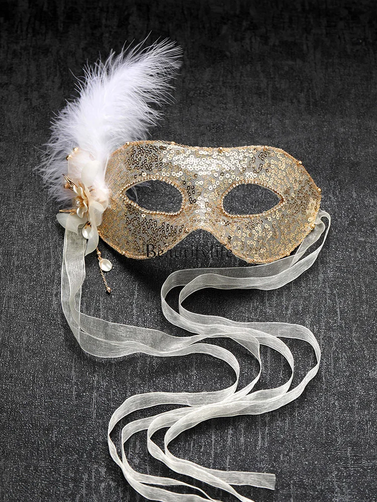 

Golden Veil Mask Half Face Antique Feather Mask Masquerade Party Props