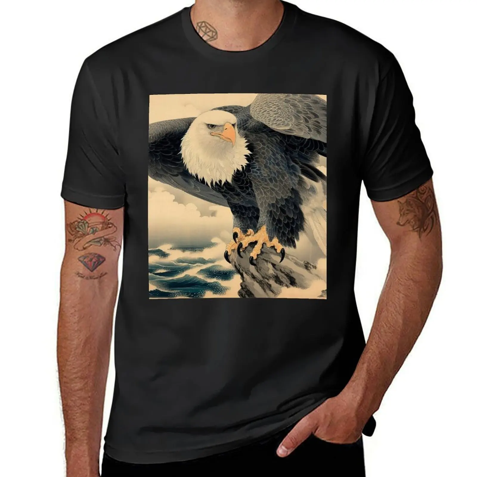 Bald Eagle - Rocks At The Sea - Ukiyo-e Style Scroll T-Shirt cute tops new edition mens plain t shirts