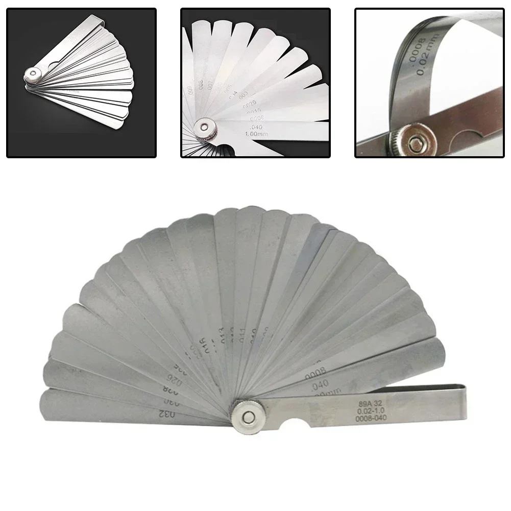 32 Blades Feeler Gauge Stainless Steel Metric 0.02-1.00mm Gap Filler Tune Up Gauge Filler Gauge Valve Clearance Measurement Tool