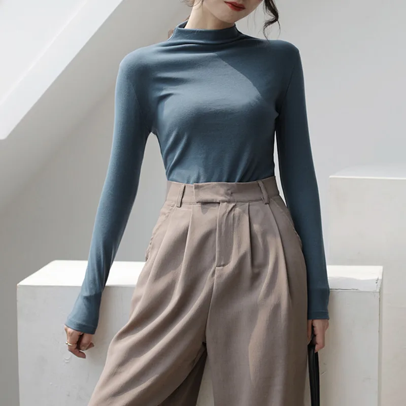 قميص نسائي بياقة نصف عالية وأكمام طويلة، ضيق ومريح للارتداء الداخلي، أنيق للربيع والخريف، متعدد الاستخدامات من البوليستر بأسل...