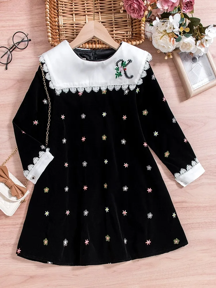 

Girls' velvet black and white dress2025New Embroidered Autumn Long Sleeve Dress for Older Children with Doll Collar for Fall and
