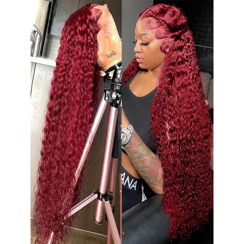 99J Burgundy 13x6 HD Lace Frontal Wigs Colored Curly Human Hair Wigs Red Deep Wave Lace Front Wig 30 40 Inch Red Wig