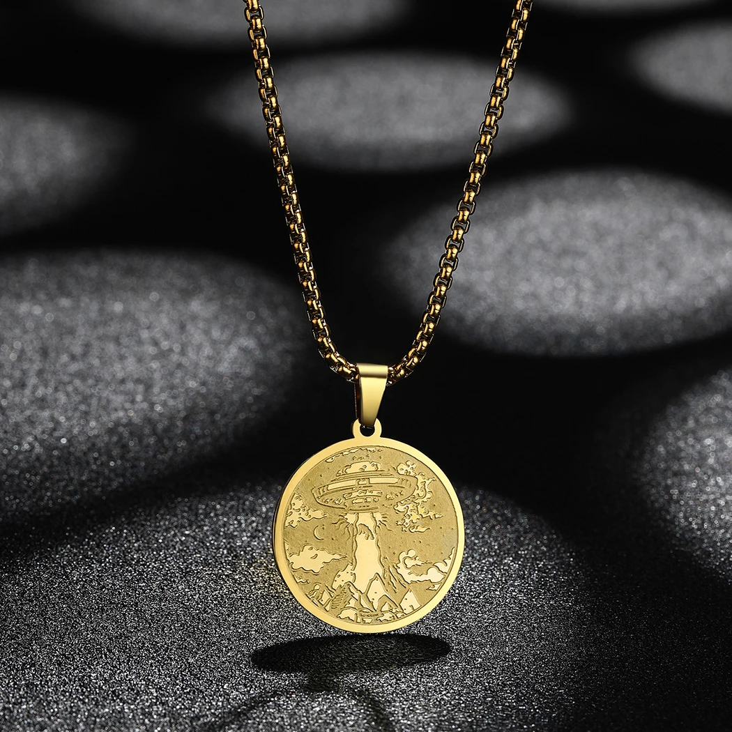 Todorova Laser Engraved UFO Stainless Steel Alien Round Pendant Necklace For Women Men Mystical Jewelry Unique Gift