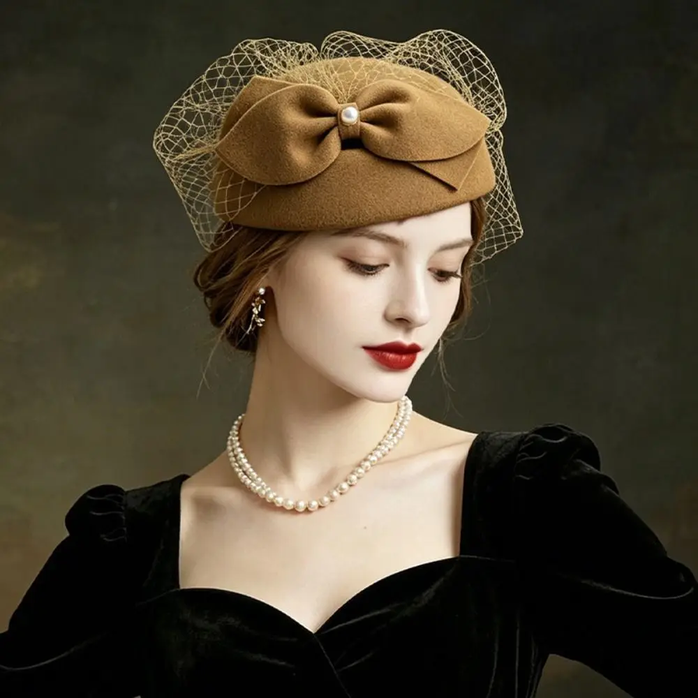 Teardrop Hat French Style Bow Fedora Hat Elegant Pearls Mesh Topper Hat Versatile Teardrop Airline Stewardess Caps Live Show