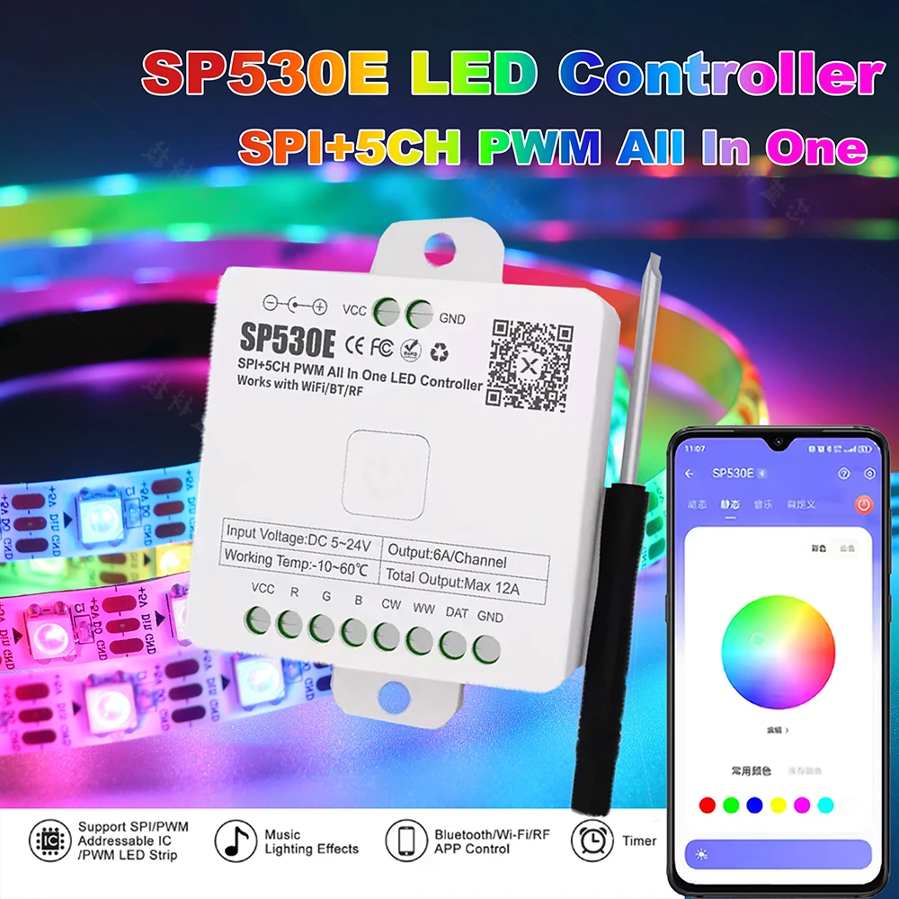 SP530E SP630E All In One LED FCOB Strip Controller 5CH PWM SPI For WS2812B SK6812 WS2811 WF BT Alexa Google Home LED FCOB Strip