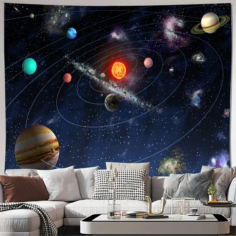 Solar System Planets Orbiting Sun with Galaxy Nebula Stars Space Theme Wall Tapestry Machine Washable All Season Decor PrintHome