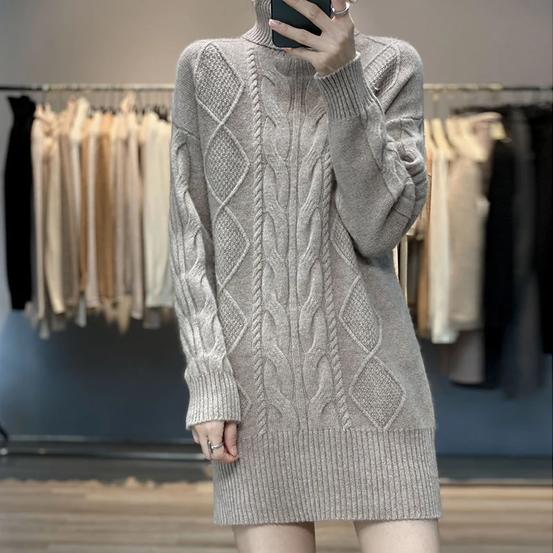 

Autumn winter women's wool pullover sweater long sleeved high neck mid length sweater basic style high-quality soft loose top