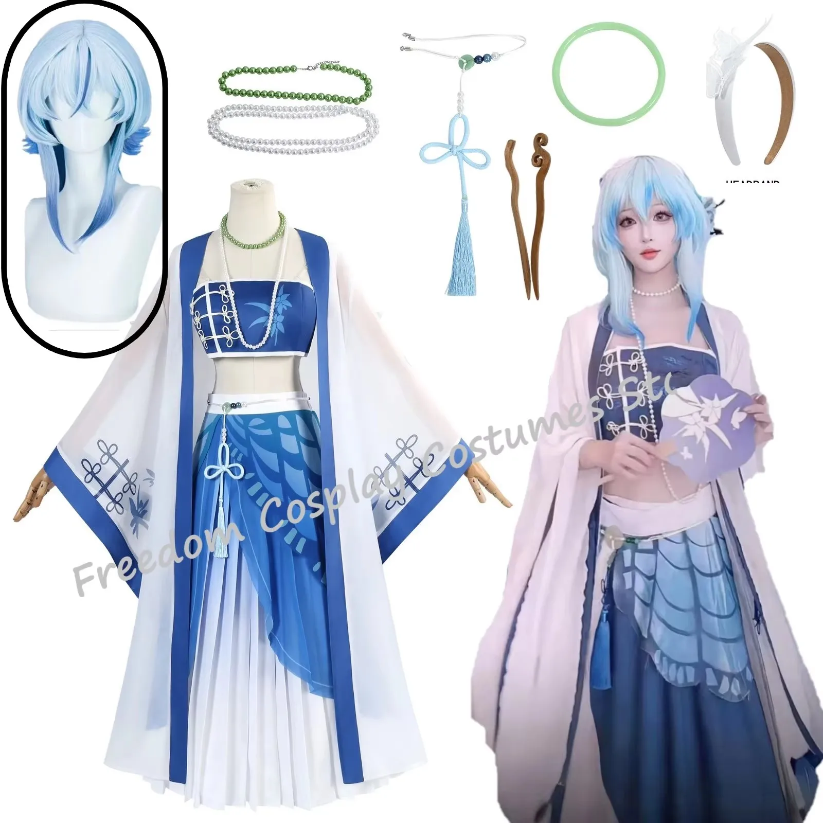 

The Shorekeeper Cosplay Wuthering Waves Costume wig Blue Dress Uniform Women West Lake Game Suit Halloween Party Comic-Con Set