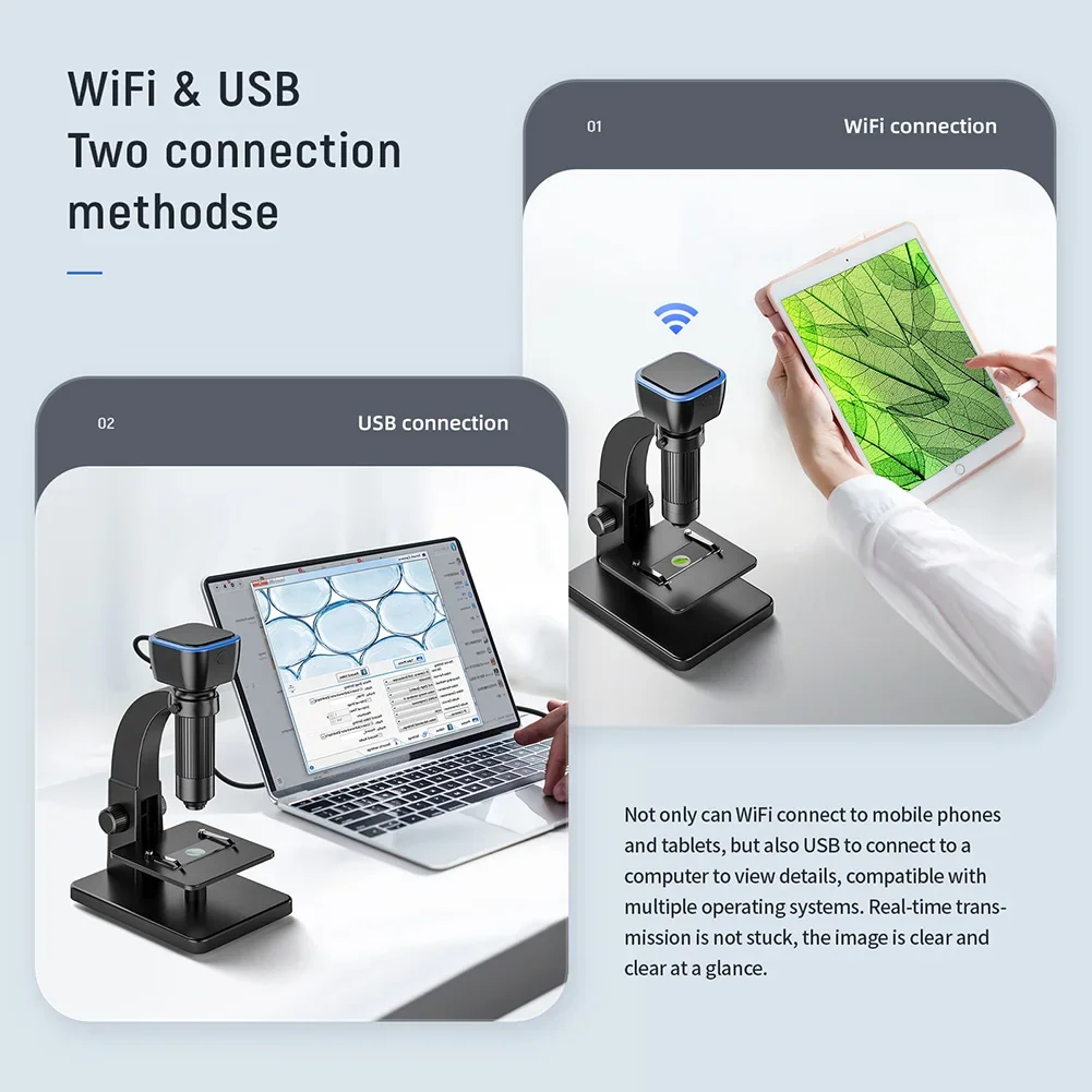 

Wifi Digital Microscope Dual Lens 2000X Magnification 4K 2MP HD Biological Microscope with 11 LED Lights for IOS Android PC