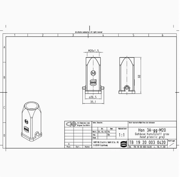 1pcs 19200030420 HARTING M20 HAN 3A housing top exit, single latch base