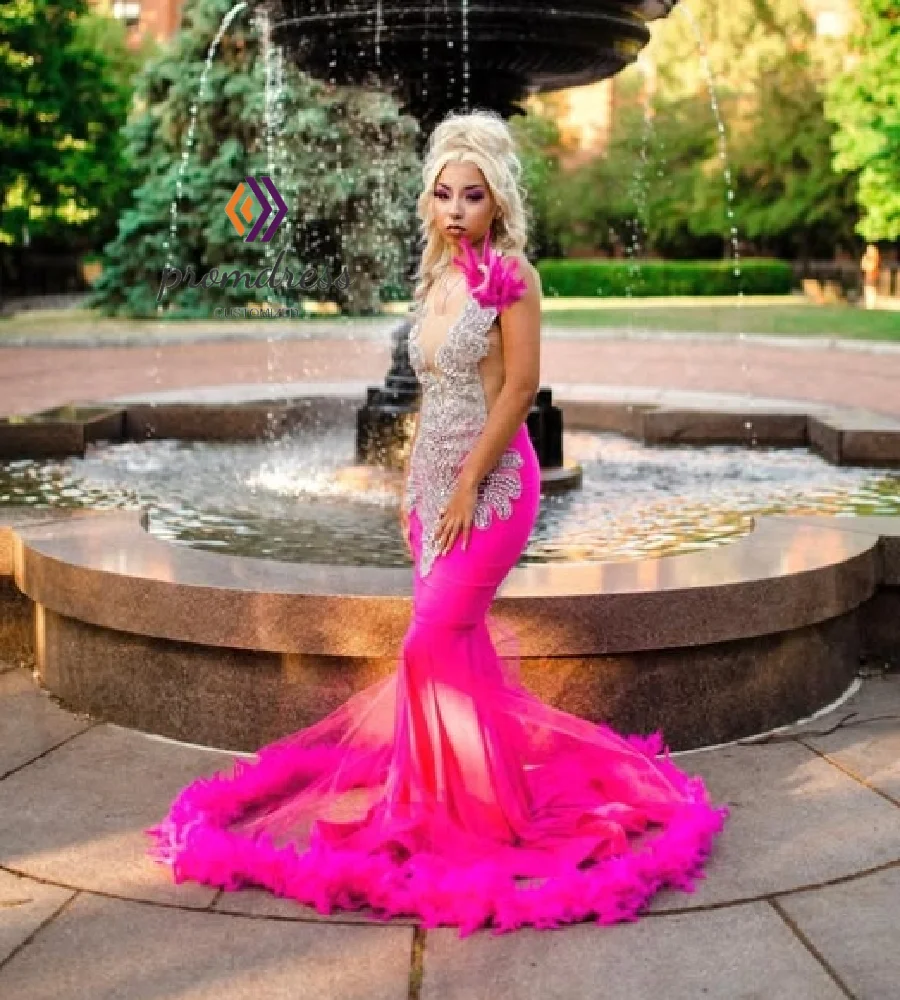Lujoso vestido de noche de cristal rosa fuerte elegante sirena Aso Ebie negro niñas vestidos de graduación pluma de talla grande ocasión de cumpleaños