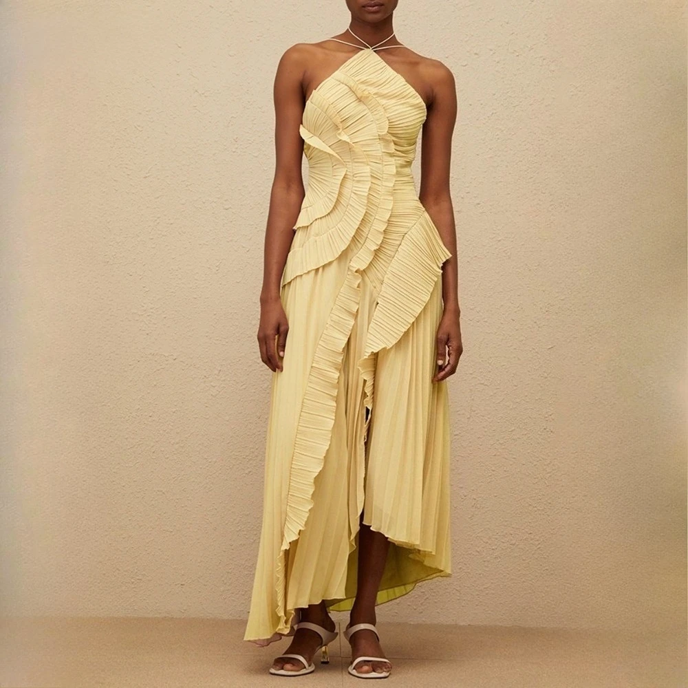 

Sexy Solid Asymmetrical Backelss Dress for Women Halter Sleeveless Spliced Ruffles High Waist Slimming Dresses Female New