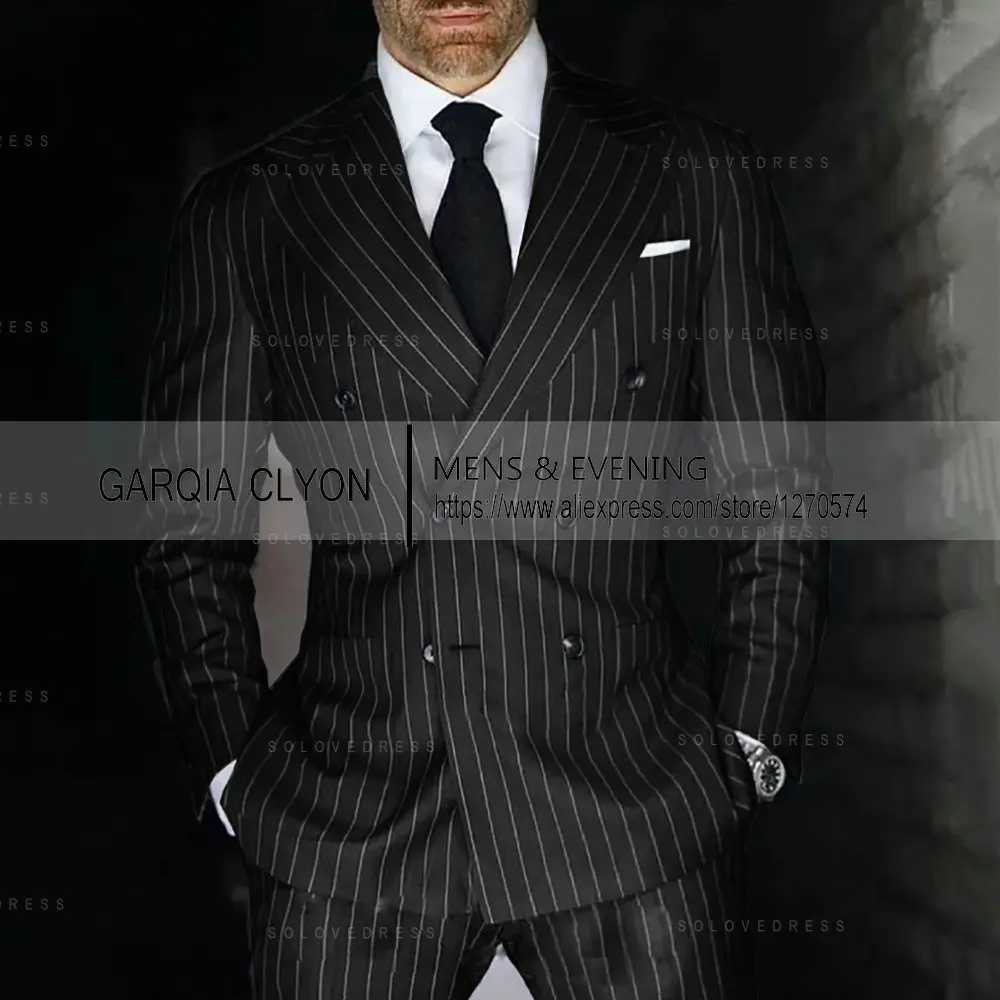 Grey Striped Mens Suits Double Breasted For Wedding Custom Made For Man Costume Groom 2-Pieces Tuxedos Best Man Blazer Pants