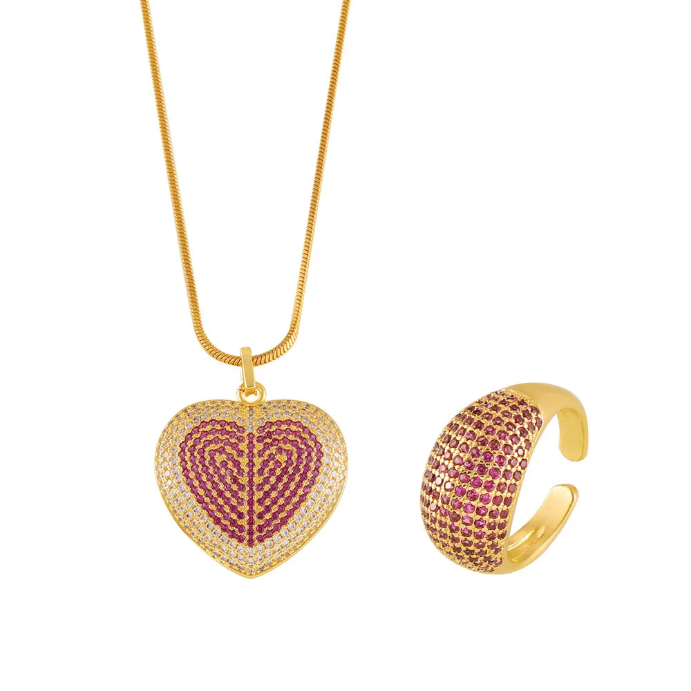 

Women's Open Ring Necklace Set Love Pendant Inlaid with Zircon Stainless Steel Fashion Versatile Jewelry Accessories