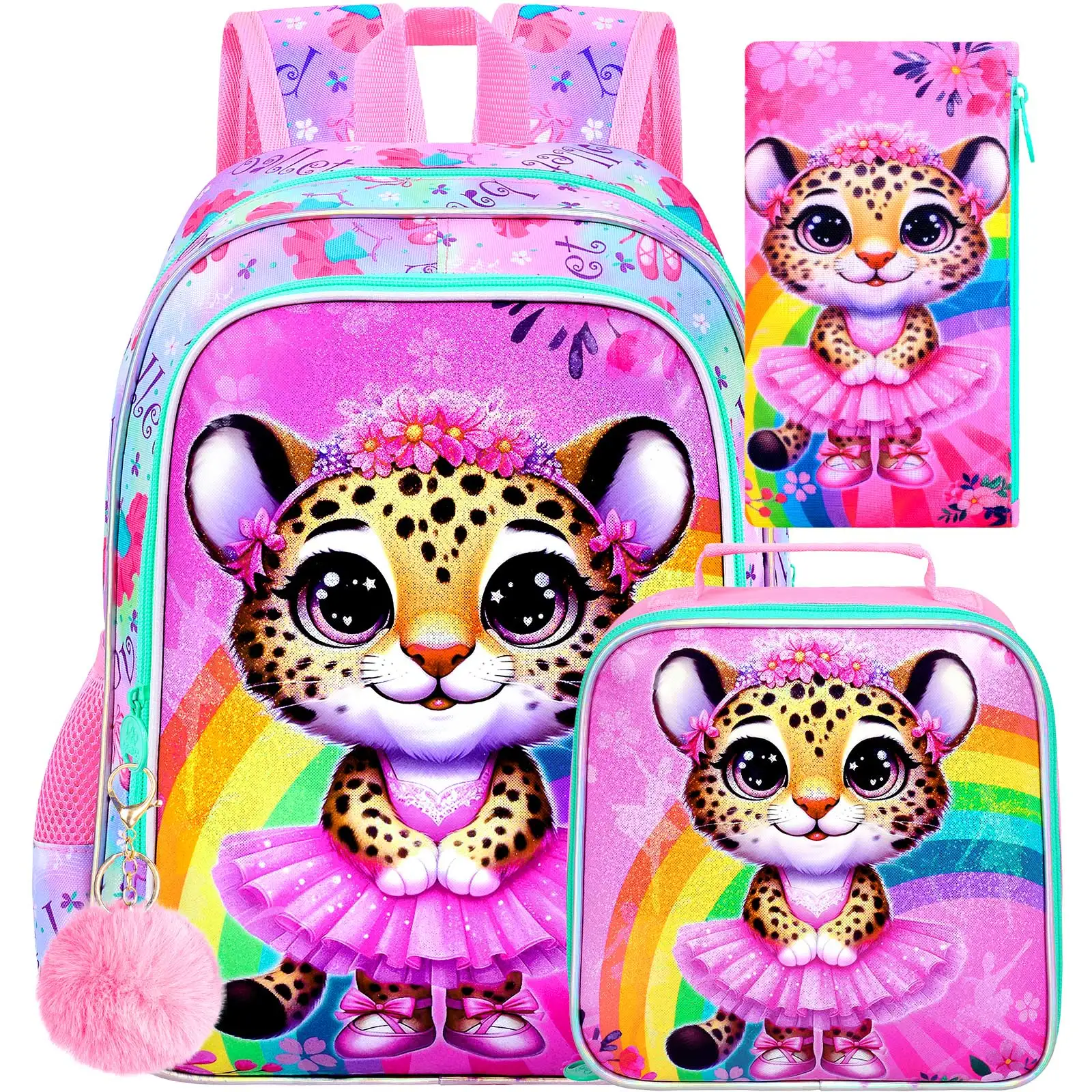 

3PCS Ballet Backpack for Girls, 16 Inch Kids Leopard Water Resistant Preschool Bookbags, Cute Elementary Kindergarten School Ba