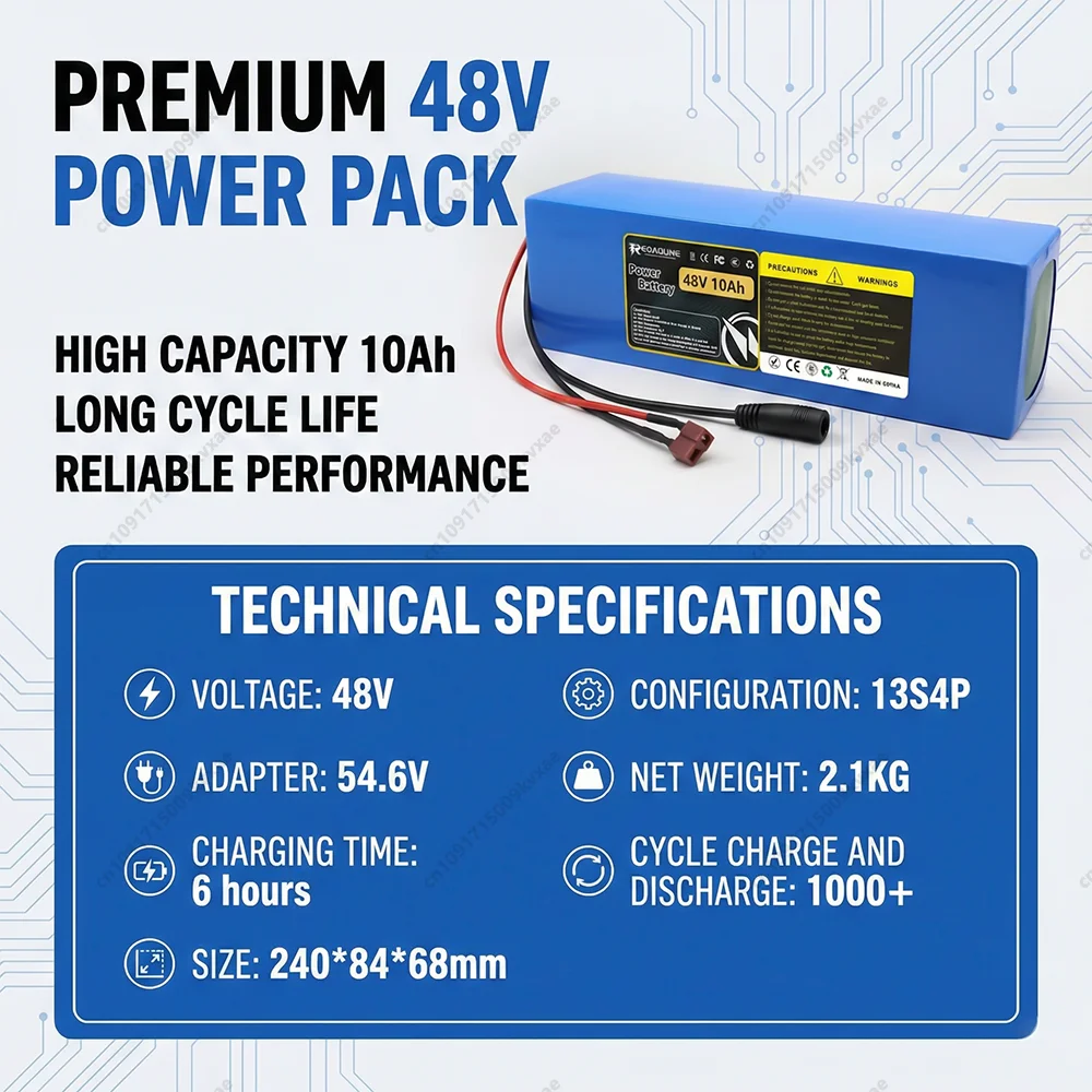 48V 10Ah Reoaoone Battery Pack For Electric Bike Scooter 13S4P Lithium Ion Accumulator High Capacity 750W Motor