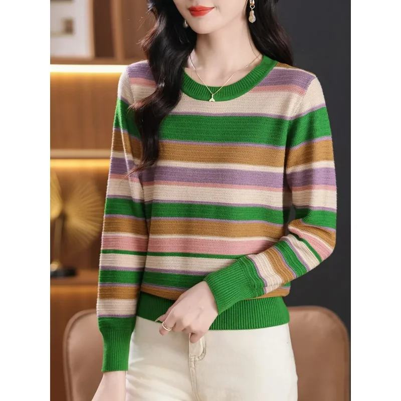 

2025 новый осенний дизайн, полосатый вязаный простой повседневный свитер с круглым вырезом, топ