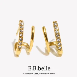 E.B.belle New Crystal Paved Double Layer Hollow Huggie Earrings For Ladies Small Gold Plated Stainless Steel Stud Earrings