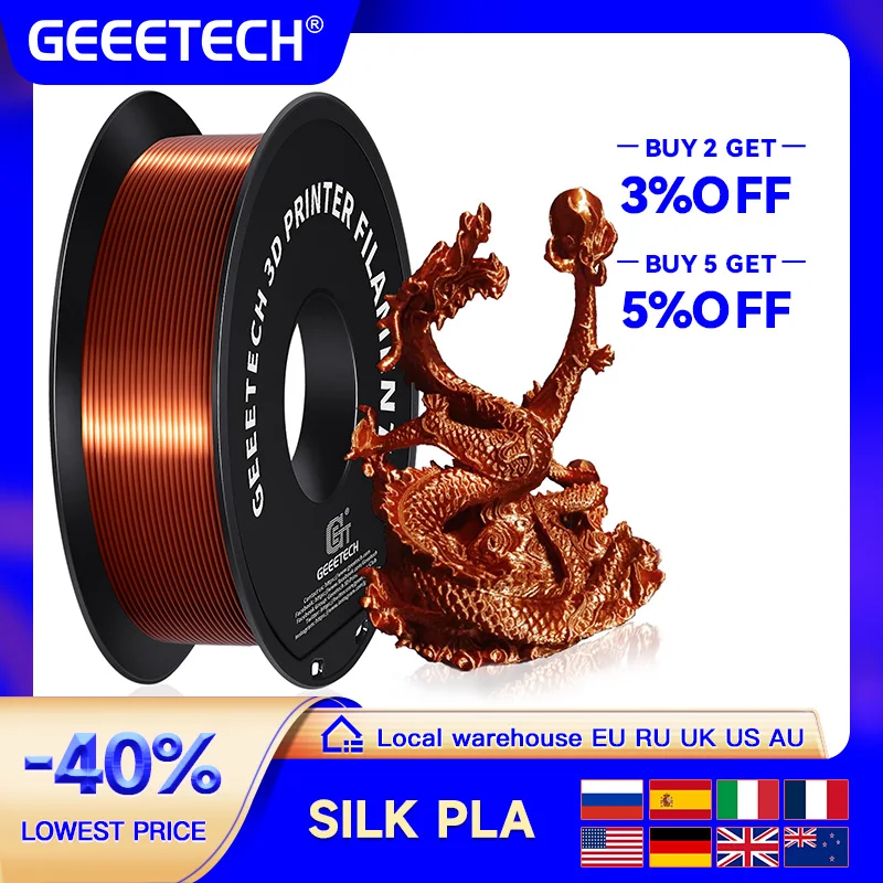 GEEETECH Zijde PLA 3D-filamentdraad 1 kg 1,75 mm spoeldraad 3D-printermateriaal 3D-printvullingen, snelle levering Vacuümpakket