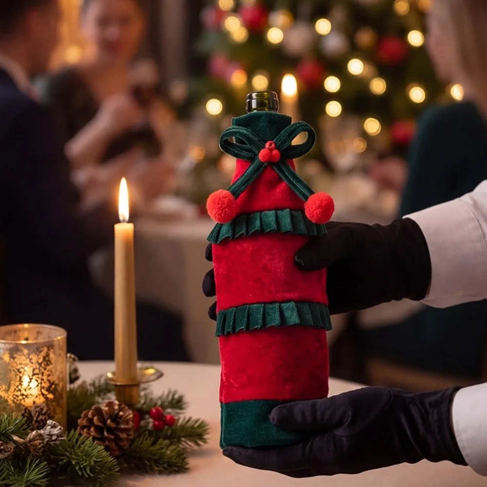 Bow Ruffled Christmas Velvet Bottle Cover 30cm 11.81in Velvet Beer Bottle Cover Elegant Bowknot Wine Bottle Cover