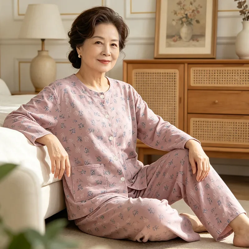 Chic Floral Cardigan, Comfortable Plus-Size Long-Sleeve Pajama Set for Spring and Autumn, Middle-Aged and Older Homewear