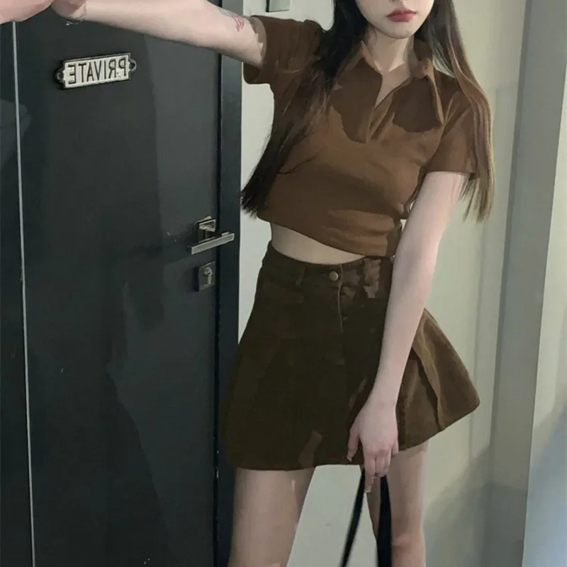 V-Neck Brown Korean Fashion Crop Tops Women Sesy Kawaii Kpop T-shirts Goth Harajuku Y2K Tees Pink Cheap Clothes Woman Tshirts