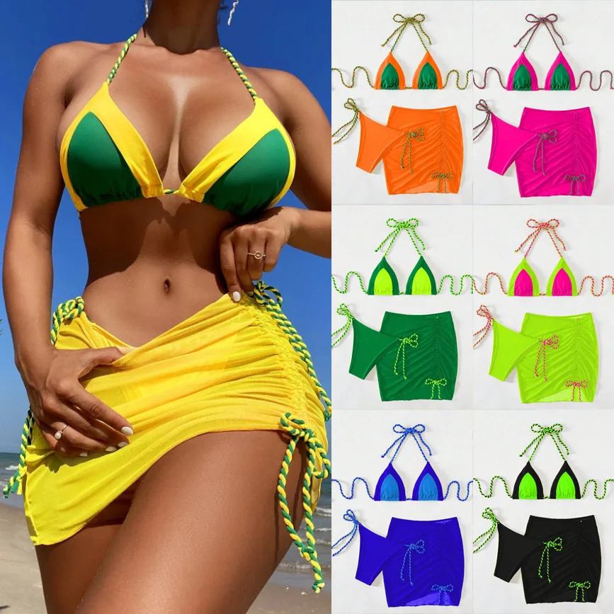 

Bathing Suit Women European And American Sexy Swimsuit Three-piece Splicing Contrasting Color Bikini Women's Swimsuit