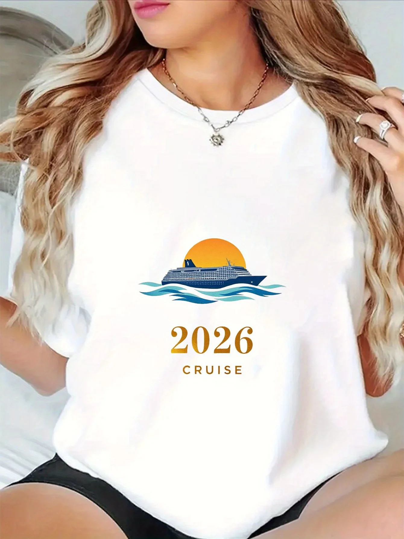 With 2026 Cruise Ship Graphic Nautical Travel Design Sleeve Round Neck Top for Spring Wear Christmas Halloween Gift for Cruise