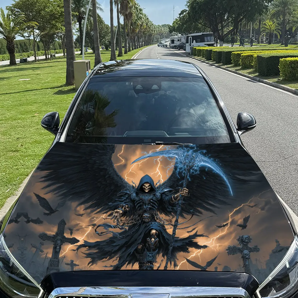 

Черный Thunder Cemetery — виниловая пленка для автомобиля с крыльями Grim Reaper, водонепроницаемая наклейка на капот автомобиля из ПВХ, самоклеящаяся устойчивая к царапинам