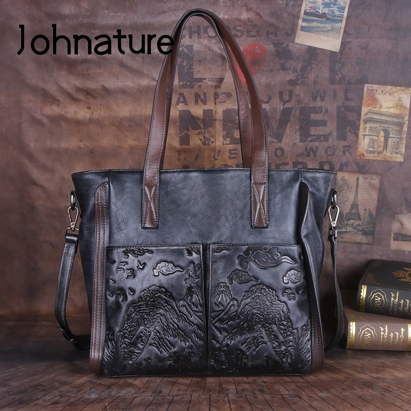 Johnature Retro Genuine Leather Female Bag 2024 New Large Capacity Casual Tote Handmade Embossed Women Handbag Shoulder Bags