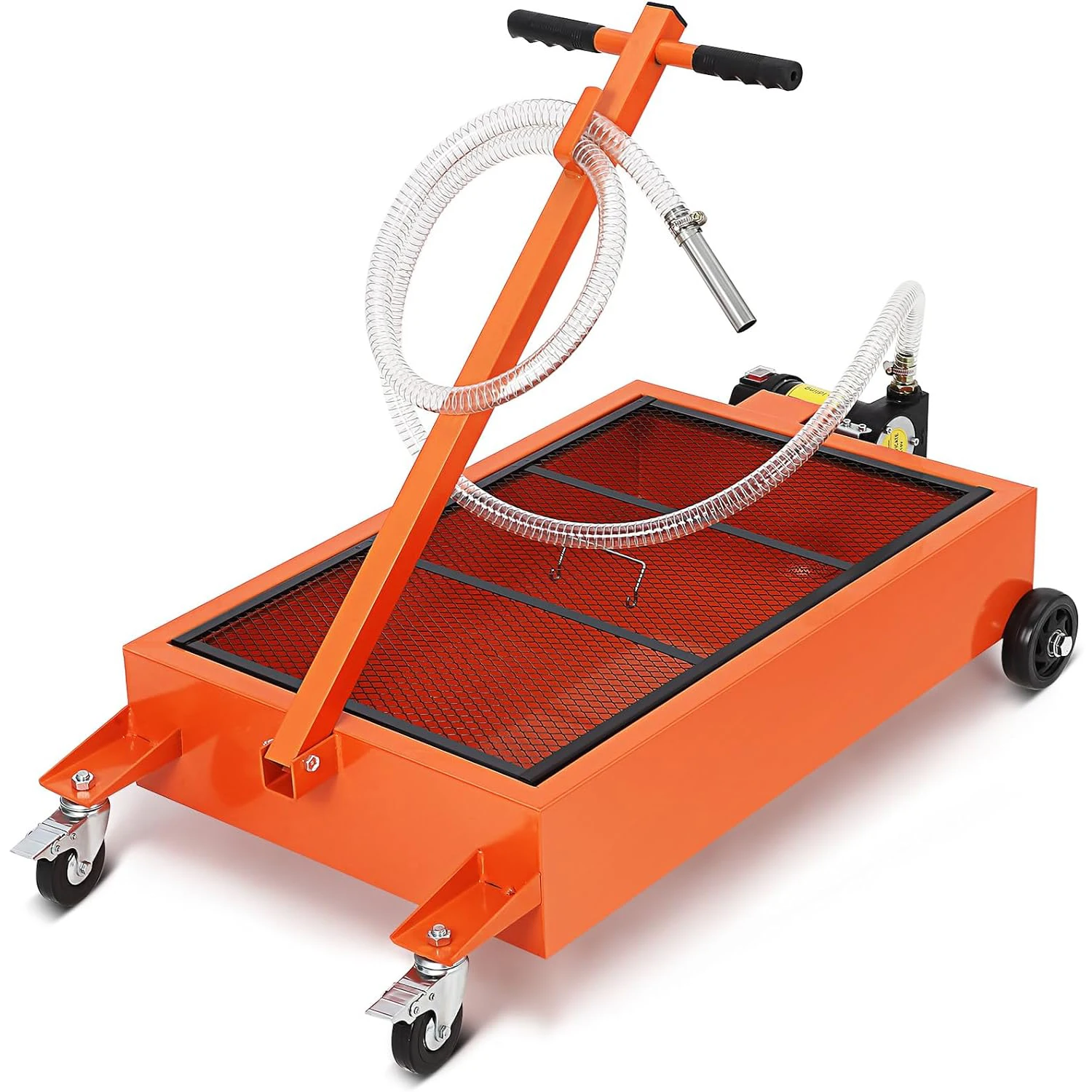 

15 Gallon Low Profile Oil Drain Pan with 110v 180w Electric Pump Rolling Metal Waste Oil Drain Cart 8 Ft Hose & Folding Handle