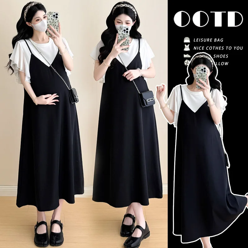 

2025 Elegant Black Pregnancy Dress Summer Short Sleeve Mock Layer Design Loose Plus Size Comfortable Chic Maternity Wear