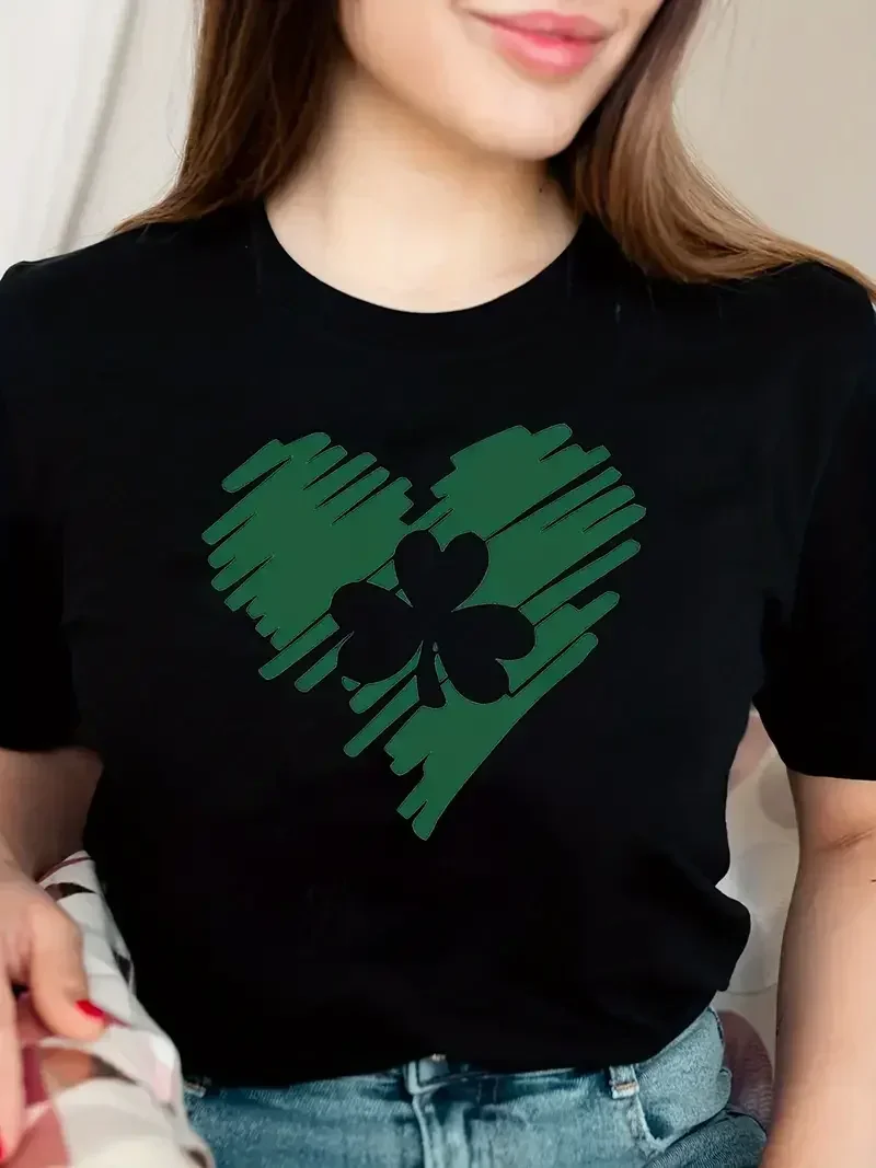 

LE Short Sleeve Crew Neck Casual Top For Summer & Spring Women's Clothing Heart clover Graphic Print T-shirt