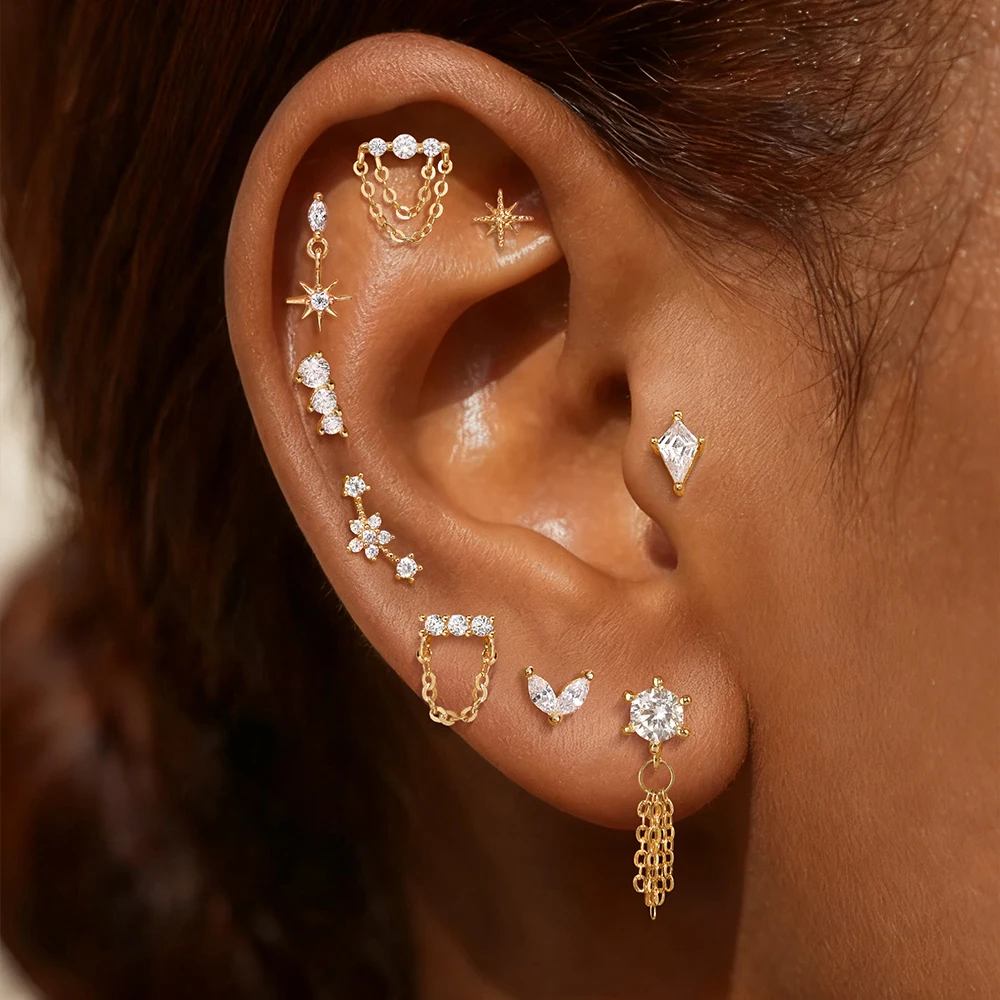 DIeSchein 14K Solid Gold CZ Dangle Chain Cartilage Stud Ear Star Butterfly Flat Back Helix Tragus Piercing Earring Women Jewelry