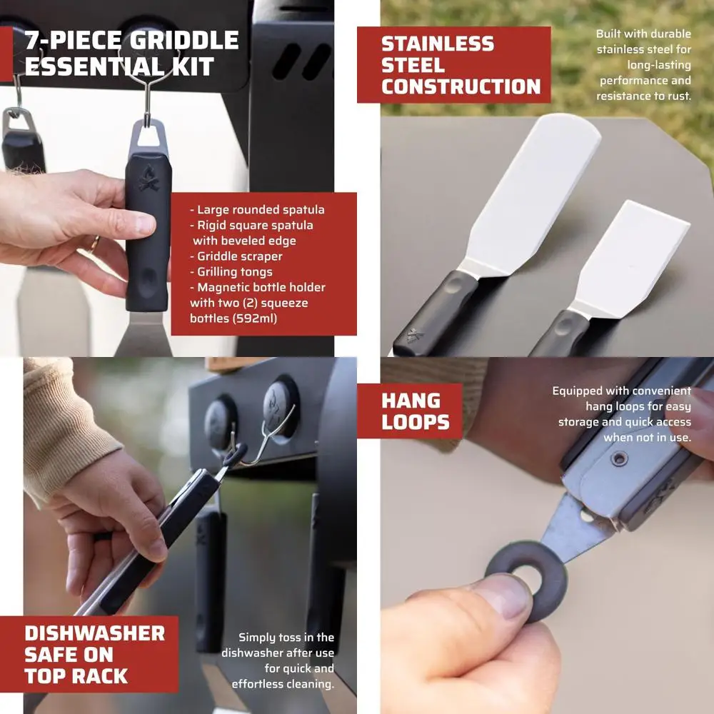 

Essential Flat-Top Griddle Set: 2 Spatulas, Tongs, Scraper, 2 Bottles & Holder