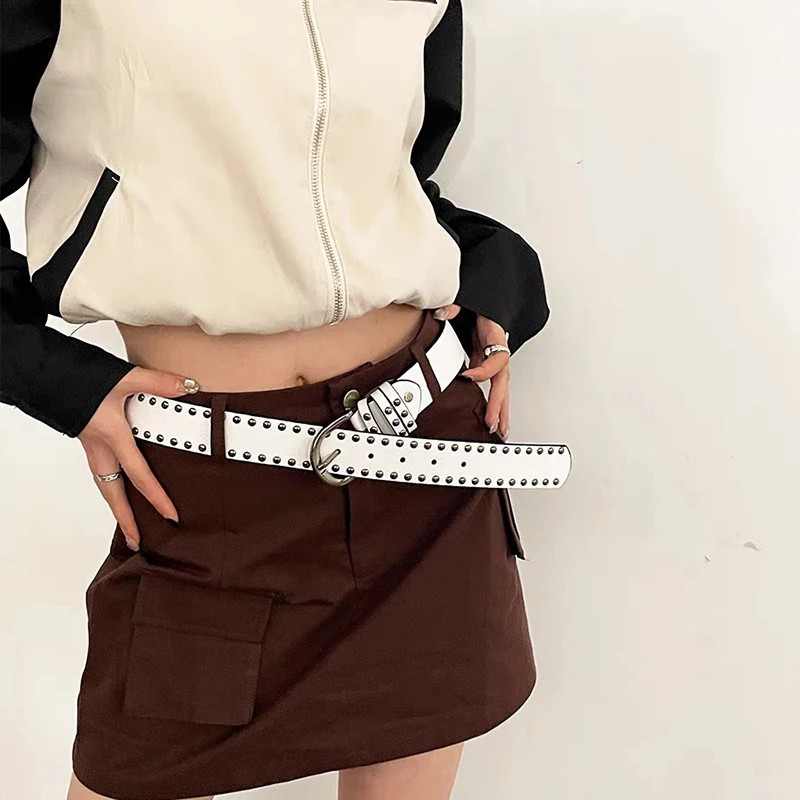 Studded Leather Belt with D Buckle Punk Waist Belts for Women Luxury Blue Belt Fashion Cool White Belt Strap Cloth Accessory