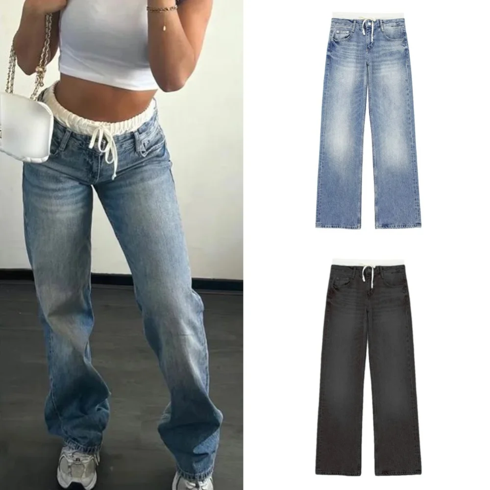 Denim Pants Women Patchwork Lace Casual Jeans Fashion Street Washed Loose Casual High Waist Straight Wide Leg Jeans