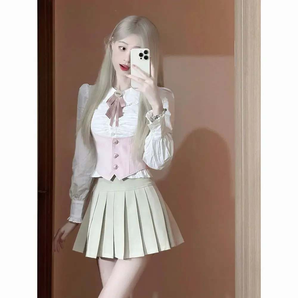 2024 college girl fashion jk uniform korean style student vest waistband pleated skirt three piece set improved jk uniorm set