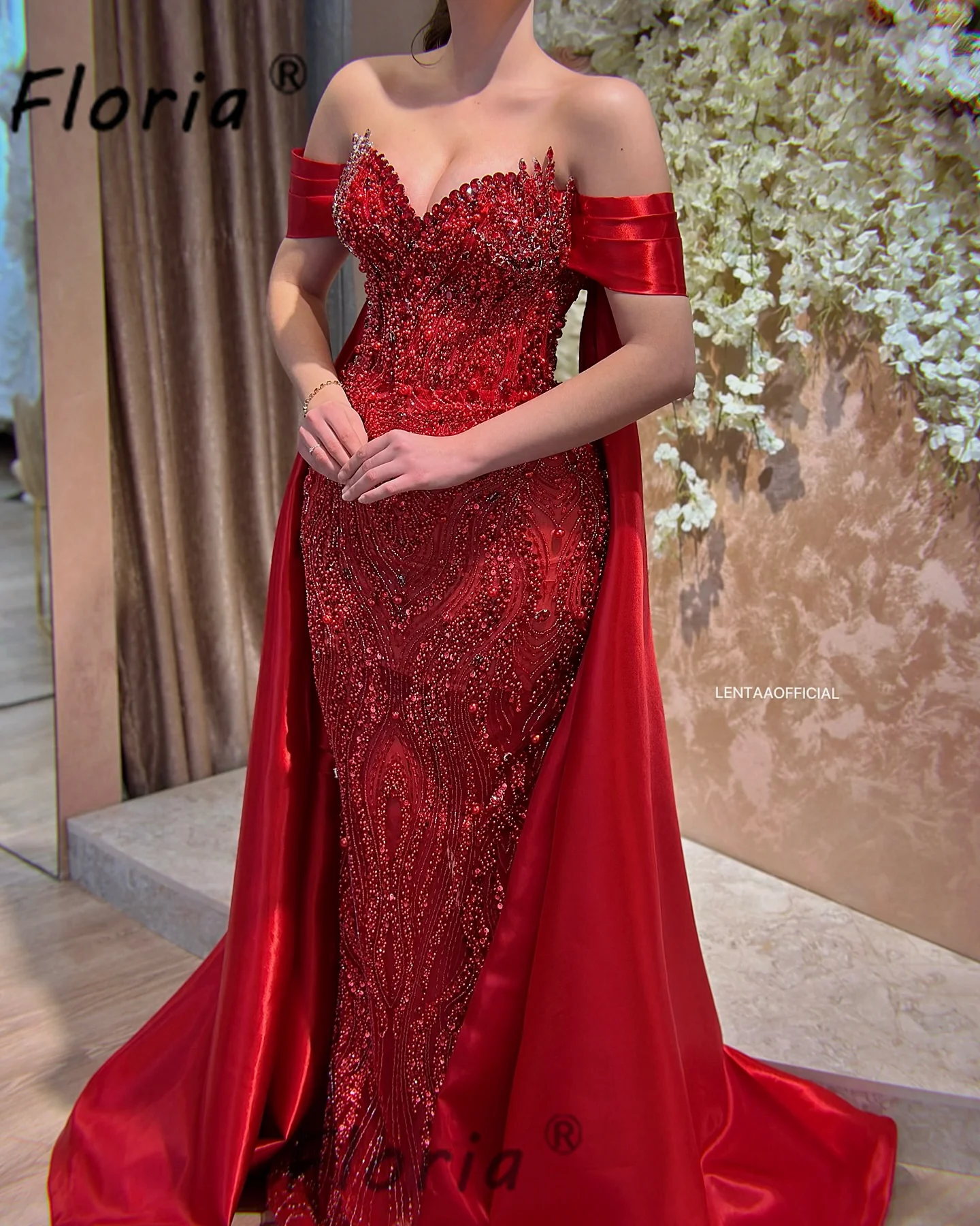 Dubai Red Wedding Dress with Detachable Train Pearls Bead Mermaid Bridal Gown Customized Special Occasion Dress Vestidos noche