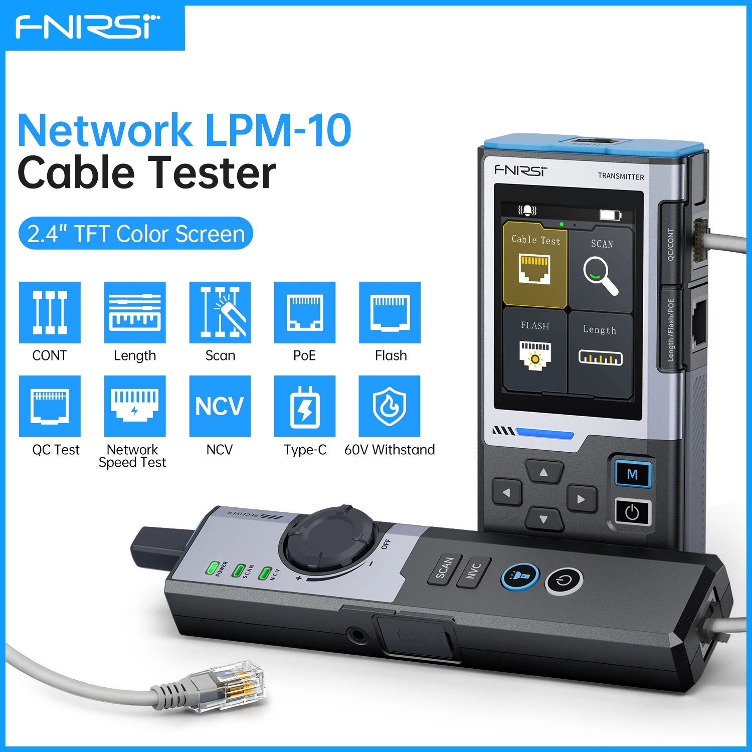 FNIRSI LPM-10A Network Cable Tester Multifunction Wire Tracer Line Finder with RJ45/RJ11 Length/POE/Port Flash Test