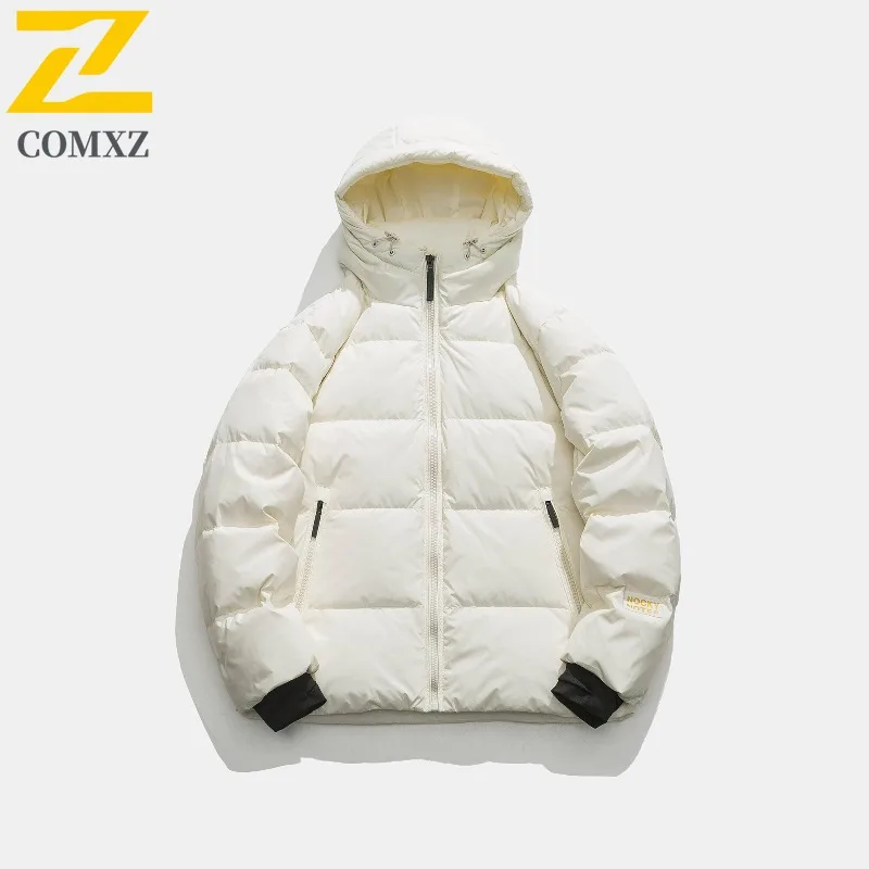 COMXZ Men Winter Jacket Hooded Solid Color New Style Extreme Cold Windproof Snowy Padded Jacket Travel Thick Warm Puffer Jacket