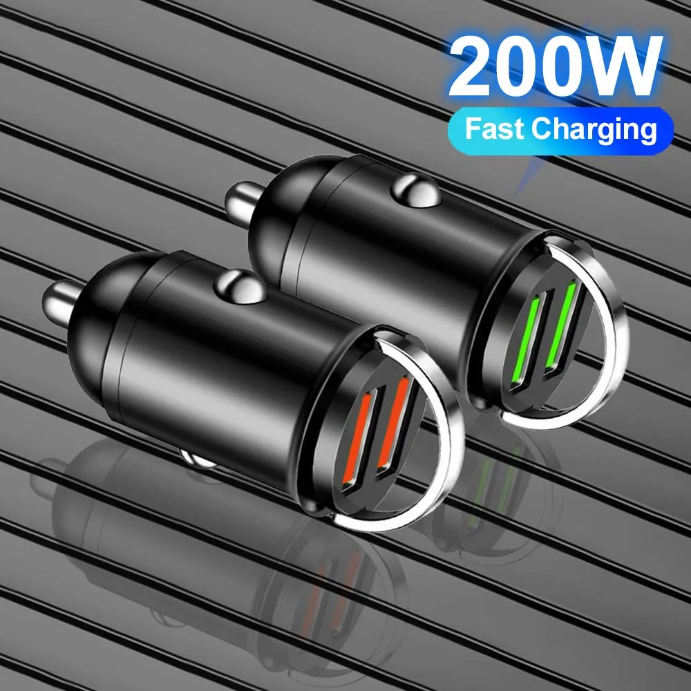 200W Dual USB Car Charger Fast Charging Mini Pull Ring Car Phone Charger For iphone Xiaomi Huawei ipad Universal Car Lighter