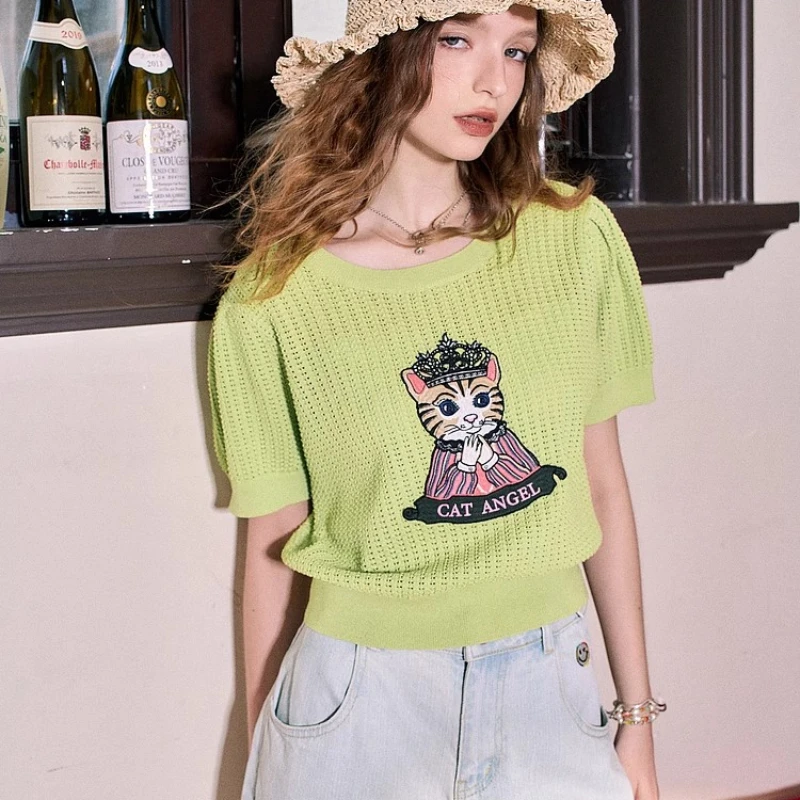 Summer Animal Embroidery Bubble Short Sleeve Hollow Out Sweater Women Ice Silk Knit T-shirt Vintage O-neck Slim Knitwear Tops